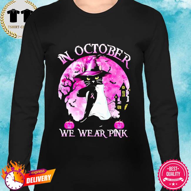 Witch Flying In October We Wear Pink Breast Cancer Halloween Women Tshirt Black