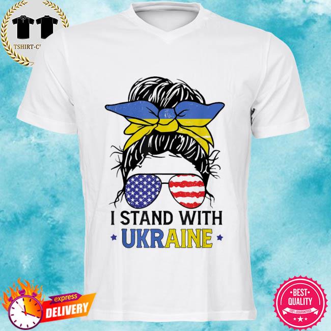 Anti Putin Ukrainian American Flag I Stand With Ukraine Messy Bun Women Peace Ukraine T-Shirt